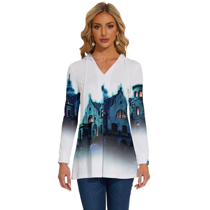 Blue Castle Halloween Horror Haunted House Long Sleeve Drawstring Hooded Top