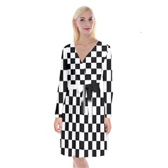 Black White Chess Board Long Sleeve Velvet Front Wrap Dress by Ndabl3x