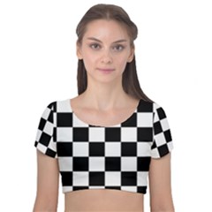 Black White Chess Board Velvet Short Sleeve Crop Top  by Ndabl3x