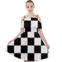 Black White Chess Board Cut Out Shoulders Chiffon Dress View1