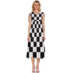 Black White Chess Board V-neck Drawstring Shoulder Sleeveless Maxi Dress