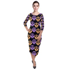 Halloween Skull Pattern Quarter Sleeve Midi Velour Bodycon Dress by Ndabl3x