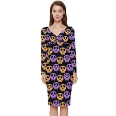 Halloween Skull Pattern Long Sleeve V-neck Bodycon Dress  by Ndabl3x