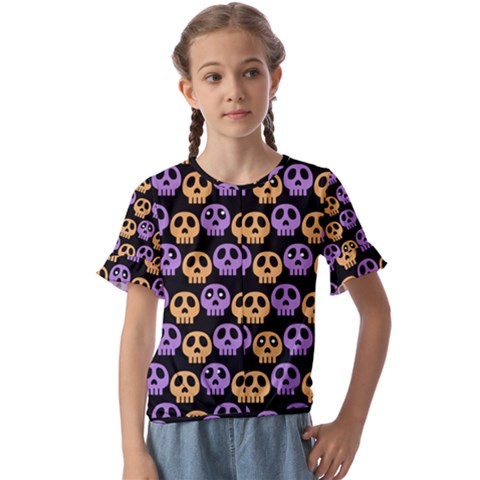 Halloween Skull Pattern Kids  Cuff Sleeve Scrunch Bottom T-shirt by Ndabl3x