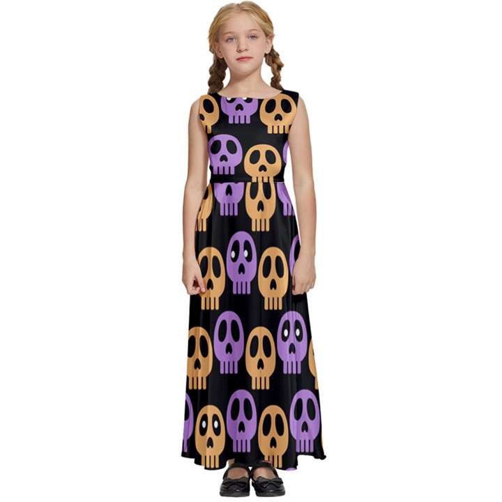 Halloween Skull Pattern Kids  Satin Sleeveless Maxi Dress