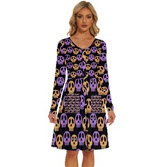 Halloween Skull Pattern Long Sleeve Dress With Pocket by Ndabl3x