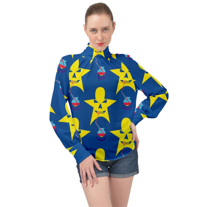 Blue Yellow October 31 Halloween High Neck Long Sleeve Chiffon Top