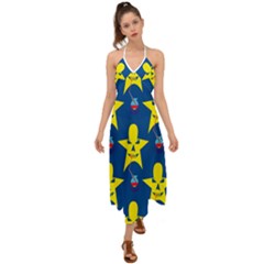 Blue Yellow October 31 Halloween Halter Tie Back Dress  by Ndabl3x