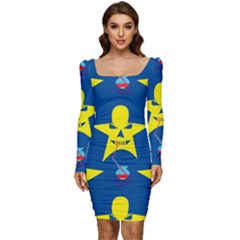 Blue Yellow October 31 Halloween Women Long Sleeve Ruched Stretch Jersey Dress by Ndabl3x