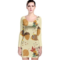 Leaves Foliage Acorns Barrel Long Sleeve Velvet Bodycon Dress by Ndabl3x