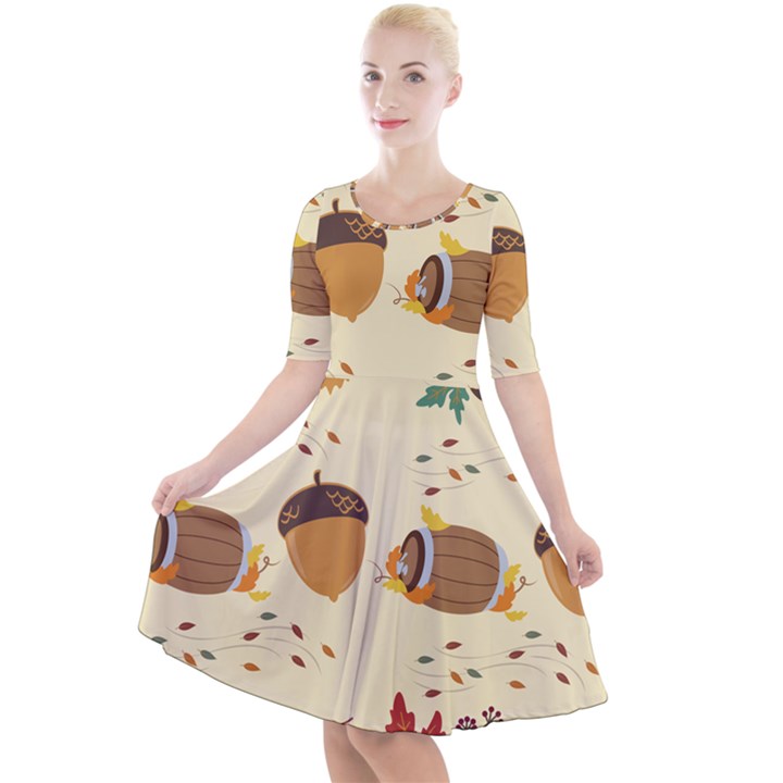 Leaves Foliage Acorns Barrel Quarter Sleeve A-Line Dress