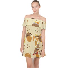 Leaves Foliage Acorns Barrel Off Shoulder Chiffon Dress by Ndabl3x