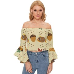 Leaves Foliage Acorns Barrel Off Shoulder Flutter Bell Sleeve Top by Ndabl3x