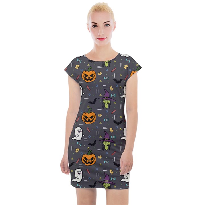 Halloween Bat Pattern Cap Sleeve Bodycon Dress