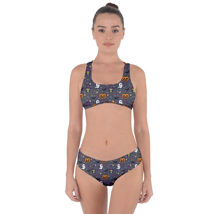 Halloween Bat Pattern Criss Cross Bikini Set