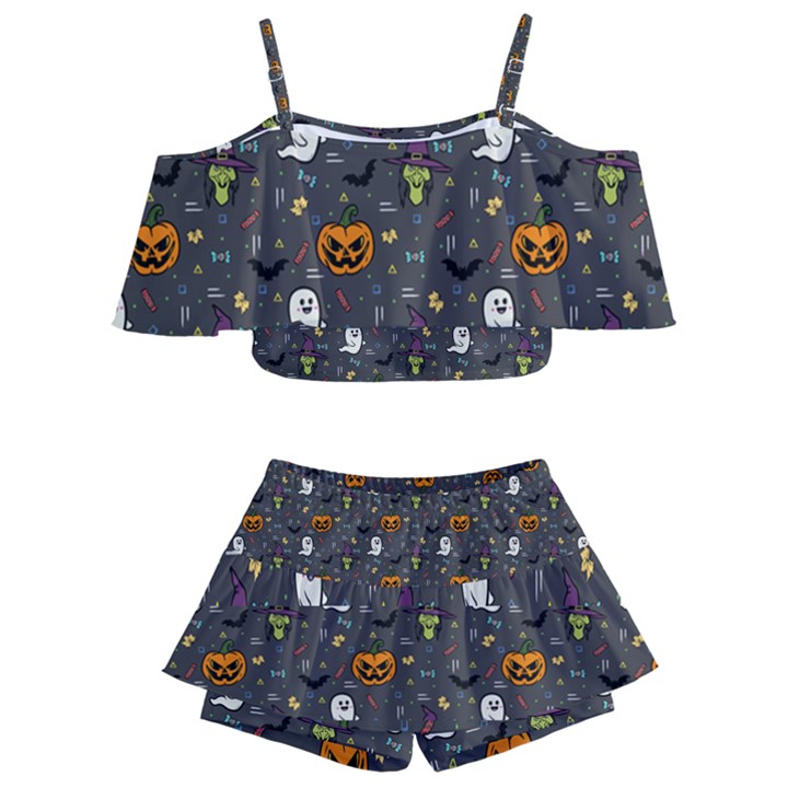 Halloween Bat Pattern Kids  Off Shoulder Skirt Bikini