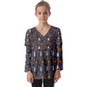 Halloween Bat Pattern Kids  V Neck Casual Top View1