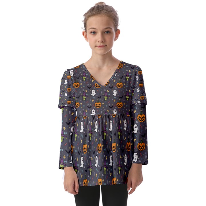 Halloween Bat Pattern Kids  V Neck Casual Top