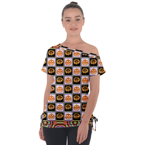 Chess Halloween Pattern Off Shoulder Tie-up T-shirt by Ndabl3x