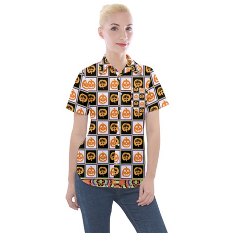 Chess Halloween Pattern Women s Short Sleeve Pocket Shirt by Ndabl3x