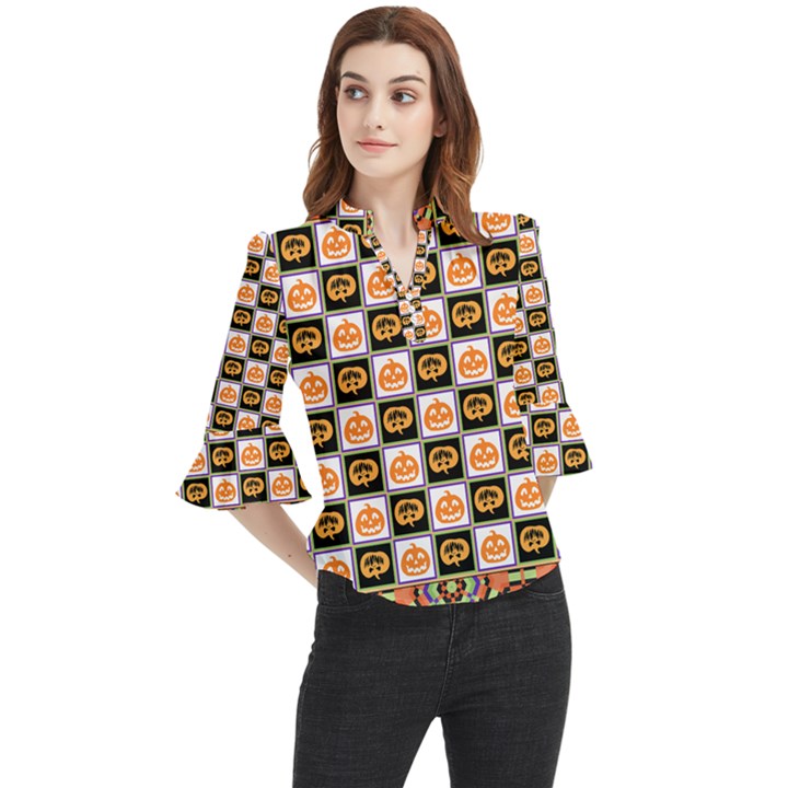 Chess Halloween Pattern Loose Horn Sleeve Chiffon Blouse