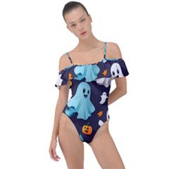 Ghost Pumpkin Scary Frill Detail One Piece Swimsuit by Ndabl3x