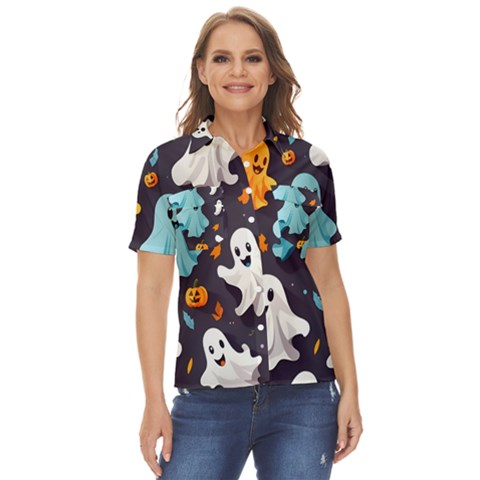 Ghost Pumpkin Scary Women s Short Sleeve Double Pocket Shirt by Ndabl3x