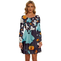 Ghost Pumpkin Scary Long Sleeve Wide Neck Velvet Dress by Ndabl3x