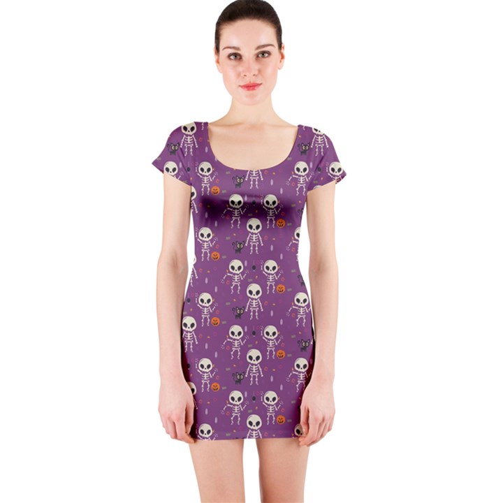 Skull Halloween Pattern Short Sleeve Bodycon Dress