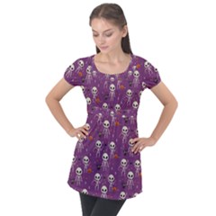 Skull Halloween Pattern Puff Sleeve Tunic Top by Ndabl3x