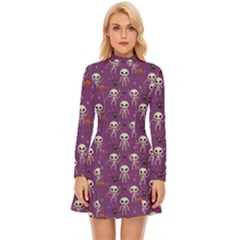 Skull Halloween Pattern Long Sleeve Velour Longline Dress by Ndabl3x