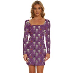 Skull Halloween Pattern Long Sleeve Square Neck Bodycon Velvet Dress by Ndabl3x