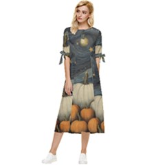 Pumpkin Halloween Bow Sleeve Chiffon Midi Dress by Ndabl3x