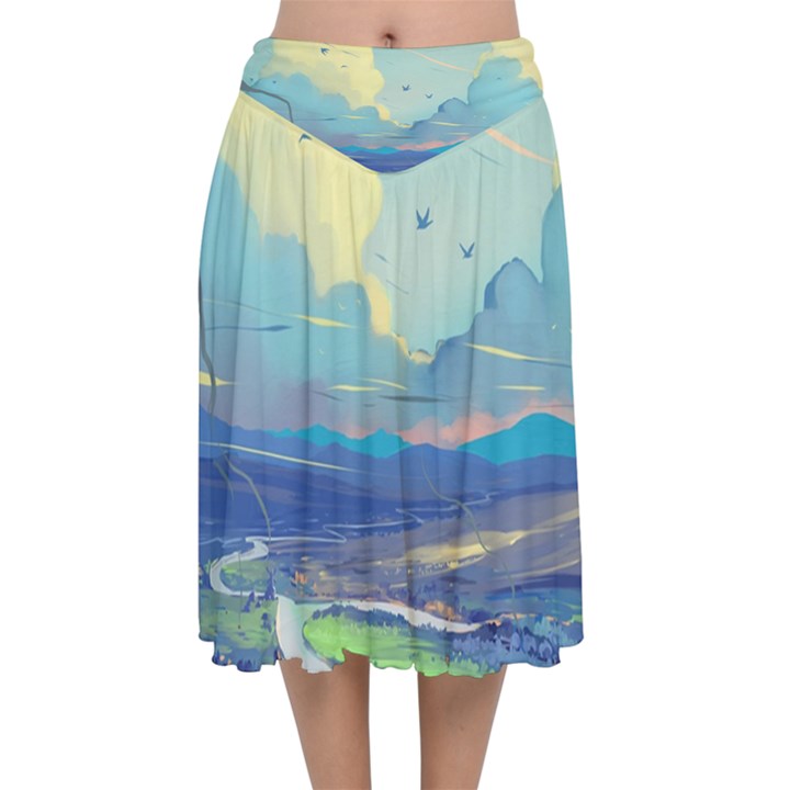 Digital Art Fantasy Landscape Velvet Flared Midi Skirt