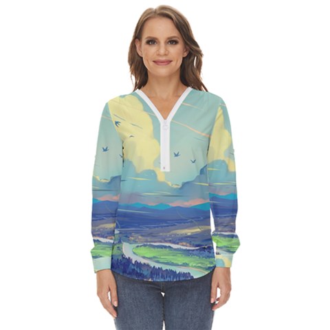 Digital Art Fantasy Landscape Zip Up Long Sleeve Blouse by uniart180623