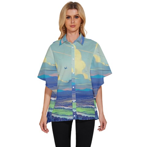 Digital Art Fantasy Landscape Women s Batwing Button Up Shirt by uniart180623