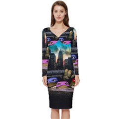 Teenage Mutant Ninja Turtles Leonardo Raphael Michelangelo Donatello Long Sleeve V-neck Bodycon Dress  by Sarkoni