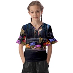 Teenage Mutant Ninja Turtles Leonardo Raphael Michelangelo Donatello Kids  V-neck Horn Sleeve Blouse by Sarkoni