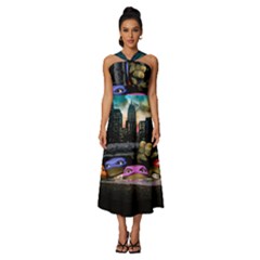 Teenage Mutant Ninja Turtles Leonardo Raphael Michelangelo Donatello Sleeveless Cross Front Cocktail Midi Chiffon Dress by Sarkoni