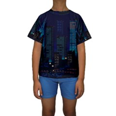 Pixel Art Night City Japan Kids  Short Sleeve Swimwear by Sarkoni