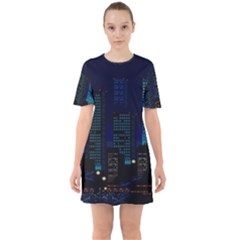 Pixel Art Night City Japan Sixties Short Sleeve Mini Dress by Sarkoni