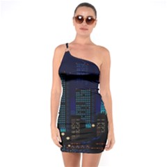 Pixel Art Night City Japan One Shoulder Ring Trim Bodycon Dress by Sarkoni