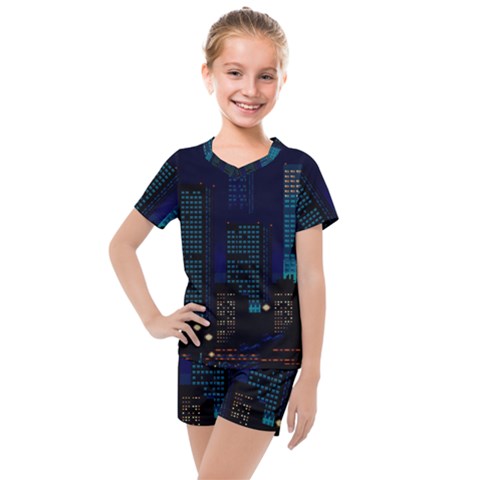 Pixel Art Night City Japan Kids  Mesh T-shirt And Shorts Set by Sarkoni