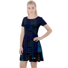 Pixel Art Night City Japan Cap Sleeve Velour Dress  by Sarkoni