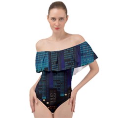 Pixel Art Night City Japan Off Shoulder Velour Bodysuit  by Sarkoni