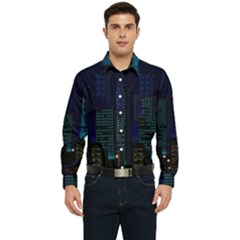 Pixel Art Night City Japan Men s Long Sleeve Pocket Shirt  by Sarkoni