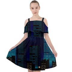 Pixel Art Night City Japan Cut Out Shoulders Chiffon Dress by Sarkoni