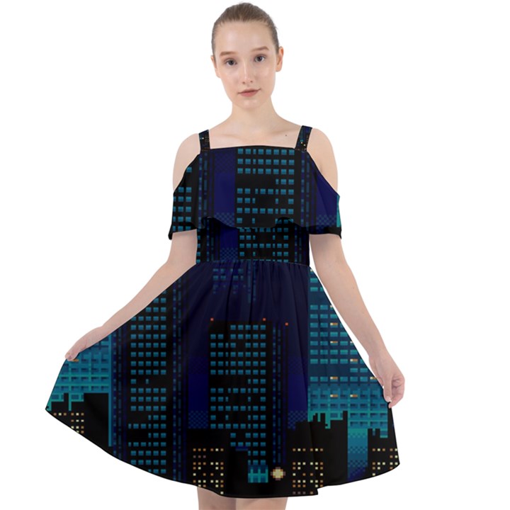 Pixel Art Night City Japan Cut Out Shoulders Chiffon Dress