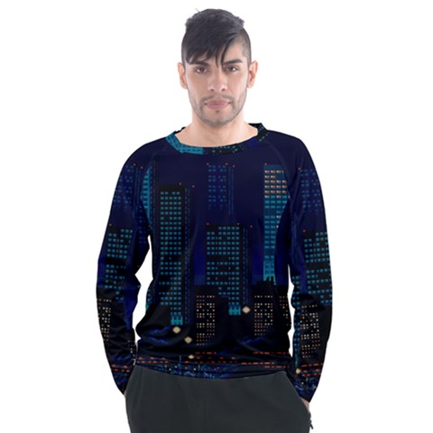 Pixel Art Night City Japan Men s Long Sleeve Raglan T-shirt by Sarkoni