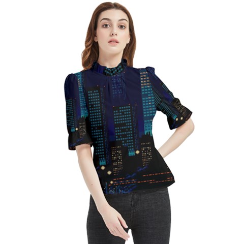 Pixel Art Night City Japan Frill Neck Blouse by Sarkoni